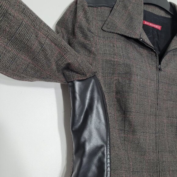San Francisco Two Piece Plaid Jacket Skirt Suit Set Lined Faux Leather Trim - Picture 3 of 15